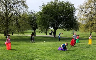 A holiday outing sack race